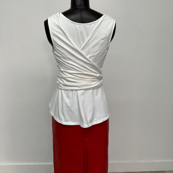 White Wrap Tie Tank Top & Red Leather Pencil Skirt | Modern Minimalist Look - Picture 3 of 5
